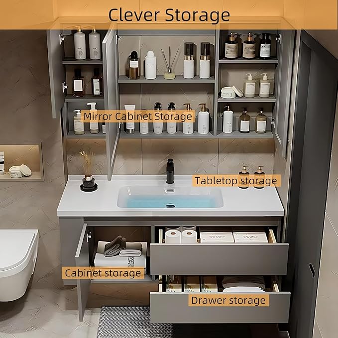 40IN Suspended Bathroom Cabinet Combo Set - Fully Functional LED Mirror with Smart Defogging & Time Display | Bathroom Vanity with Sink,Side Cabinet Storage Compartment (Style A)