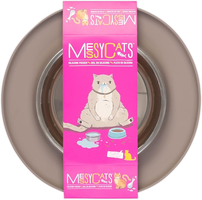 Messy Cats Single Silicone Feeder with Stainless Saucer Shaped Bowl | Anti-Slip Non-Skid Cat Food Bowl | One Cat Bowl in Feeding/Water Station | 1.75 Cups (Grey)