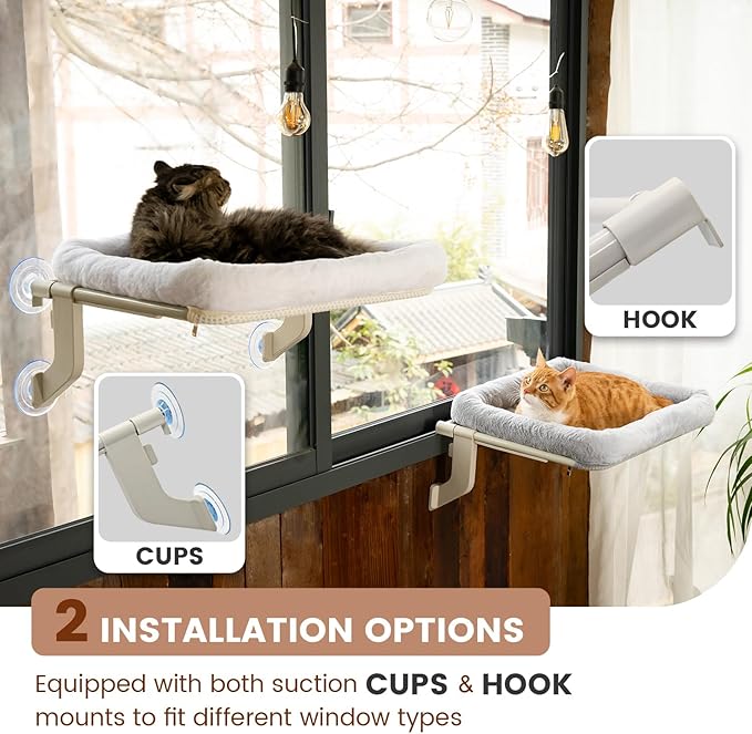 Window Sill Cat Perch with Large Bolster, Strong Metal Frame, Tool-Free, Easy to Assemble & Adjust, Suction Cups, Perfect for Window Sills, Bedside and Glass (White, Large)