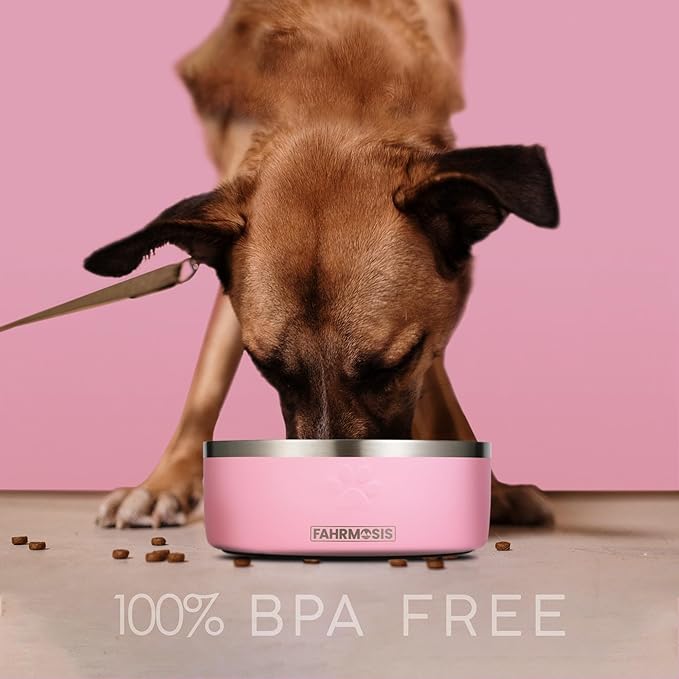 64 OZ Dog Bowl with Slow Feeder Insert Stainless Steel Pet Water Bowl for Medium & Large Breed Non Slip Rubber Base & Plastic Puzzle Feeder - Pink