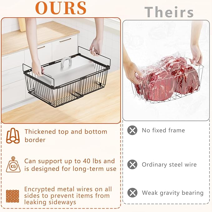 Large Freezer Organizer Bins，Upgraded Bottom Leak-Proof net，6 Pack， Expandable Stackable Chest Freezer Containers with Handle，for Fridge, Deep Freezer, Cabinet, Kitchen, Pantry (Black-6Pack)