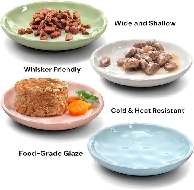 4 Pack Cat Food Bowl, Ceramic Cat Wet Food Bowls for Indoor Cats, Anti Whisker Fatigue Kitten Feeding Plate, Shallow Dog Dishes with Silicone Bottom for Puppy, Rabbit, Small Pet