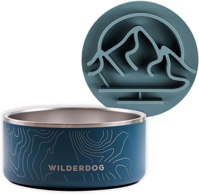 Wilderdog Slow Feeder & Stainless Steel Dog Bowl Set – Pacific Blue 32 oz BPA-Free Kitchen-Grade Steel with Non-Slip Base – Feeder Promotes Healthy Digestion – Fits 7"+ Bowls – Dishwasher Safe