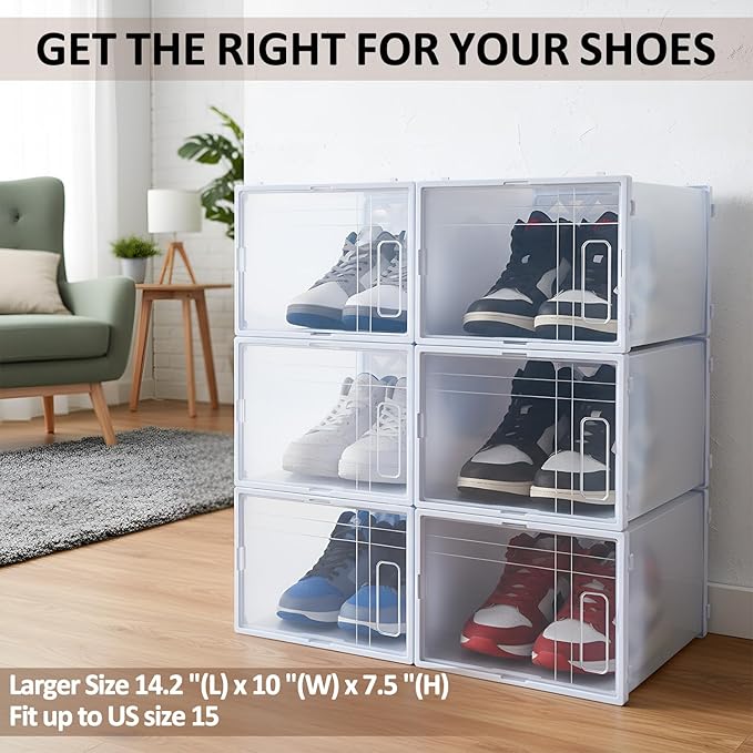 12 Pack XX-Large Acrylic Shoe Organizer Storage Boxes for Closet, Thicken & Sturdy Clear with Magnetic Door, Stackable Sneaker Container Display Case, White, Fits Us Size 15