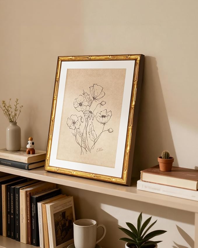 Vintage Gold Framed Canvas Wall Art 12x16 Inches Minimalist Botanical Line Art Flower Illustration, Neutral Beige Sketch Boho Floral Drawing Artwork, Modern Bedroom Bathroom Decor Gift