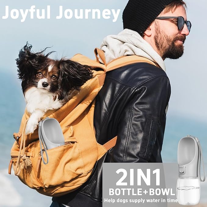 Portable Travel Dog Water Bottle with Bowl, Leak Proof, Convenient for Walking, Hiking and Camping (Gray, 12oz)