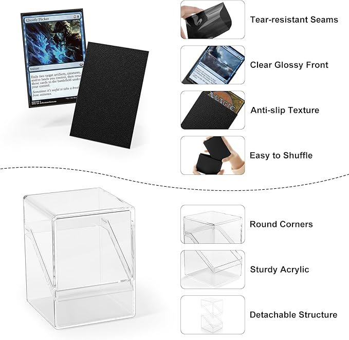 2 Pack Card Deck Boxes, Deck Case and 200Pcs Card Sleeves with Dividers, Standard Clear Commander Storage Box Fit for MTG, Sport, Trading Cards Cards (Black)