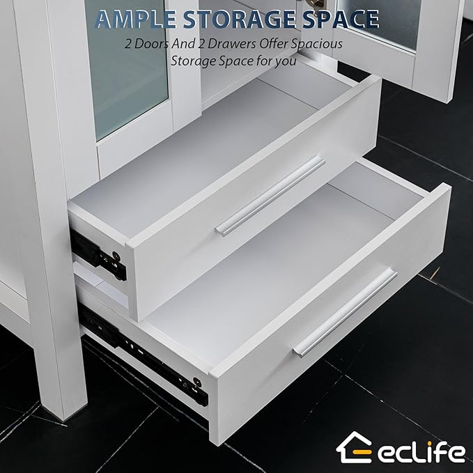 eclife 84" Modern Bathroom Vanity Sink Combo Freestanding Cabinet with Small Side Cabinet, Brown Round Glass Vessel Sink, Water Save Faucet, Drain (White+A09)