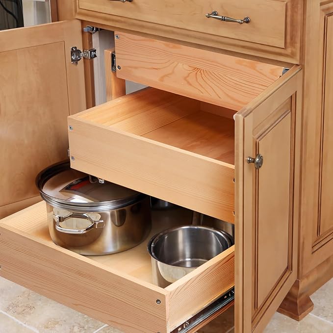 Pull Out Drawers For Cabinets, 14''W×21''D×19''H Soft Close Slide Out Wood Shelves Storage Organizer for Kitchen, 3-Tier, Finished, Heavy-Duty, Bottom Assembly