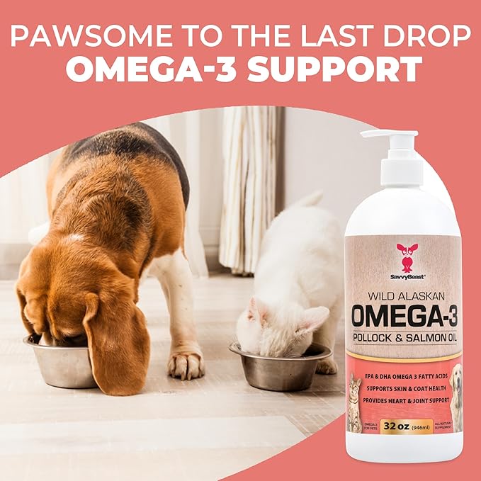 SavvyBeast Pollock and Salmon Oil for Dogs & Cats – Omega-3 Fish Oil Supplement for Pets – Supports Skin & Coat, Joints, Itch Relief, Immune Boost & Heart Health – Wild-Caught & All-Natural – 32 oz