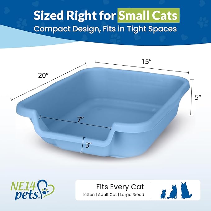 KittyGoHere Senior Cat Litter Box, Small Litter pan with Long-Handle Jumbo Scoop, Open Top Low Entrance Kitty Litters Box, Lightweight Low Entry Litter Box, Durable, Made in USA (2 Pack - Blue)