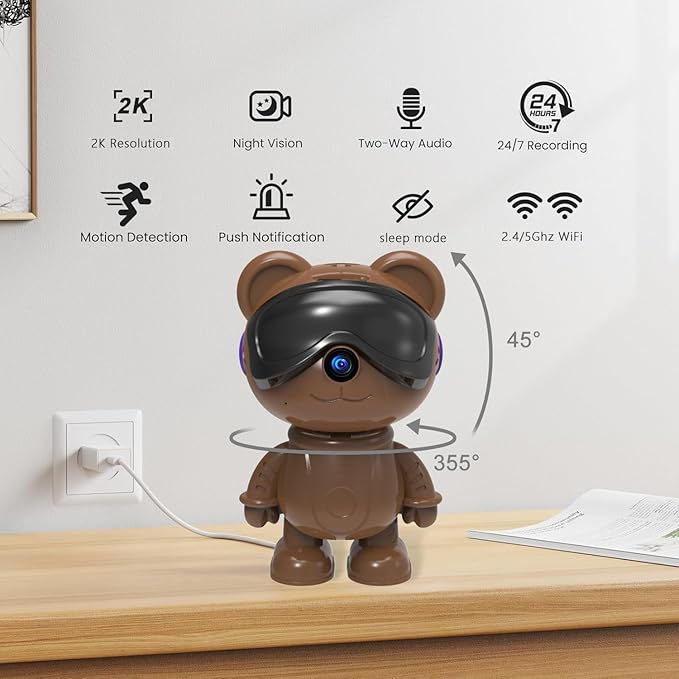 dzcctvipc-Cute Bear-2K Wireless-Smart Robot-Home Security - Camera,Nanny & Pet Motion Monitor,Baby Cry Detection Alarm,Privacy Mode,5G Dual-Band,PanTilt,Full HD Night Vision,24/7 Recording,2-Way Audio