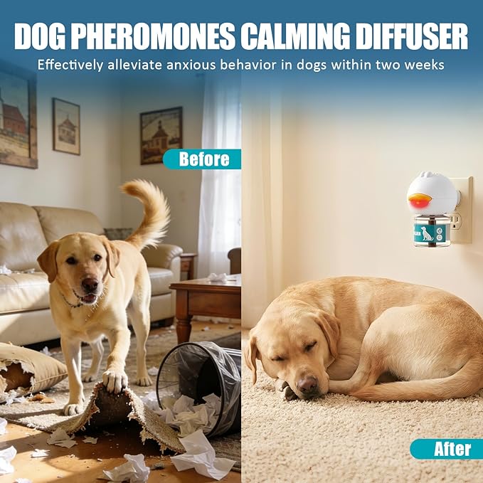Dog Calming Diffuser, Calming Pheromones Diffuser Kit Appeasing Pheromone Diffuser to Calm (1Plug in+2Refill) for Anxiety Relief Reduce Aggression Fighting Barking Stress