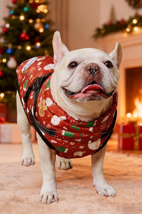 Aiboria Dog Jacket Windproof Fleece Dog Sweater with Padded Vest Chest Strap Harness Dogs Coat Christmas Red S