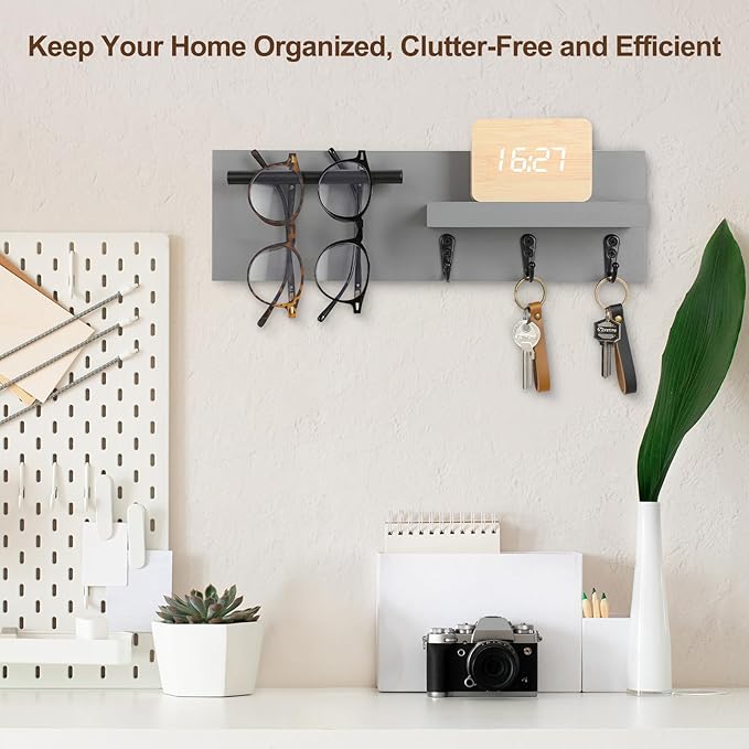 Key Holder for Wall, Decorative Entryway Shelf with Hooks Holds Keys, Dog Leash, Sunglasses – Key Hanger with 3 Hooks Organizes, Enhances Home Decor (15” x 4.5” x 2.6”) (Grey)