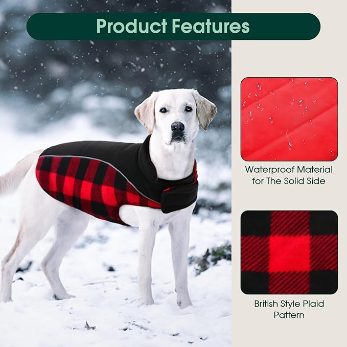 Kuoser Dog Winter Coat, Reversible Waterproof Dog Jacket with Reflective Strip, Warm Dogs Fleece Vest Adjustable Doggy Cold Weather Clothes Plaid Christmas Outfit Pet Apparel for Small Dogs, Red S