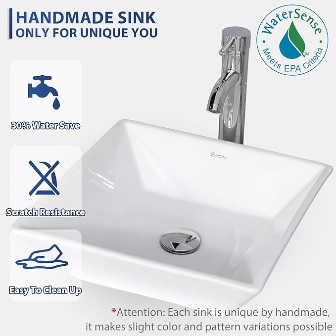 eclife 48" Modern Bathroom Vanity Sink Combo Freestanding Cabinet with Small Side Cabinet, White Square Ceramic Vessel Sink, Water Save Faucet, Drain (White+A07)