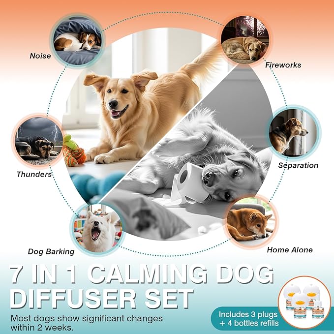 Dog Calming Pheromones Diffuser to Calm Pet Reduce Aggression Fighting Barking Stress 7 in 1 Advanced Kit Appeasing Pheromone Diffuser 3 Plug in+4 Pack 48ml Refill
