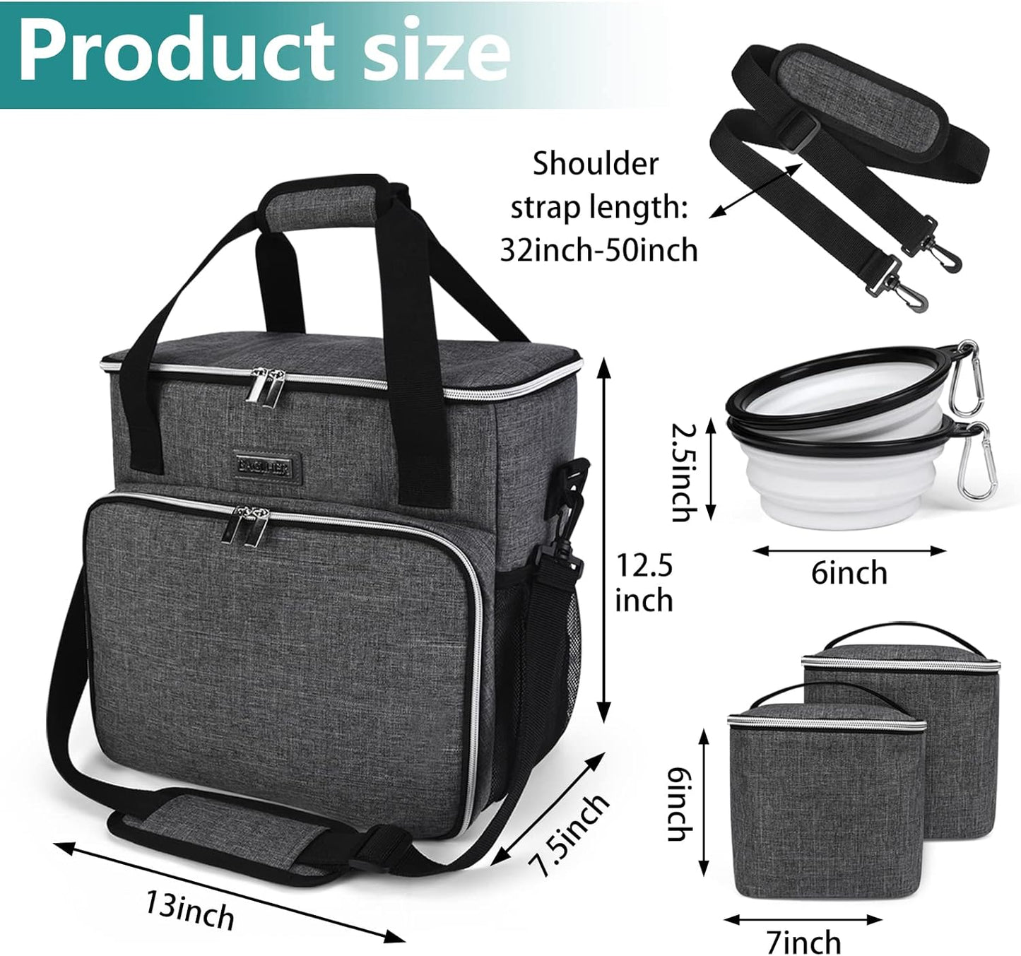 Dog Travel Bag, Pet Travel Bag (ALL Pet Travel Supplies), With 2 Pet Food Containers and 2 Collapsible Silicone Bowls; Essential Kits for Pet Travel Grey