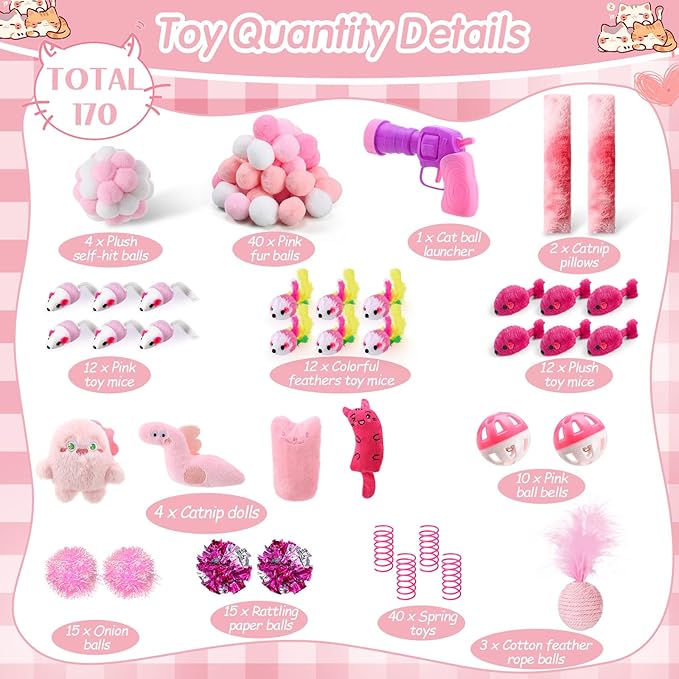 170 Pcs Cat Toy Pack for Indoor Cats Interactive Kitten Toys Including Cat Spring Plush Ball Launcher Catnip Mice Bell Balls Elastic Wool Balls for Indoor Cats Variety Pack