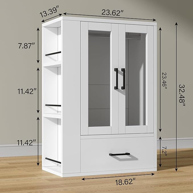 Semoic Wooden Dog Closet with LED Lights, Pet Wardrobe Organizer | Storage Cabinet for Dog & Cat Clothes, Toys, Food | Multi-Use Furniture, White