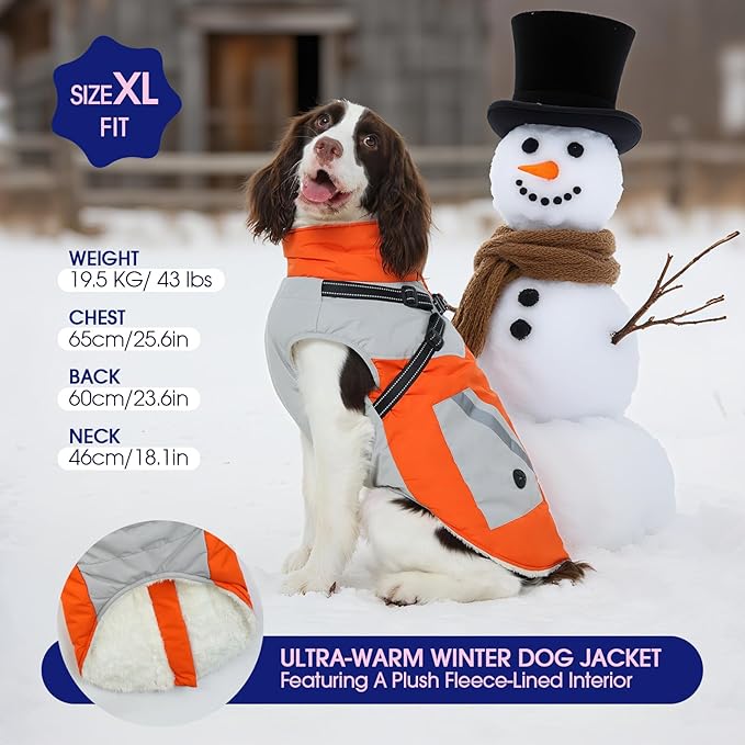 FUAMEY Dog Winter Jackets for Large Dogs,Dog Coat with Harness Built in,Waterproof Dogs Snowsuits Warm Pet Jacket Zip Up Fleece Cold Weather Coats Reflective Safety Pets Hunting Vest Orange L