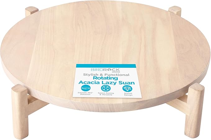 BIRDROCK HOME Elevated Lazy Susan | Rotating Acacia Wood Platter with Raised Legs | Ideal for Serving, Organizing, and Decor | Smooth 360° Rotation (White Wash, Medium)