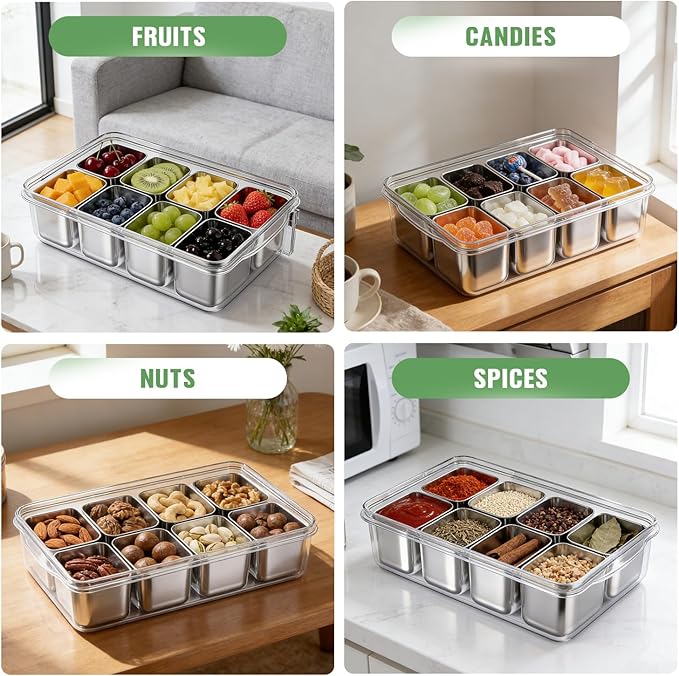 Snackle Box Container, 304 Stainless Steel Divided Serving Tray with Lid and Handle, Portable 8 Compartments Veggie Tray for Fruits,Veggies,Nuts &Candy, Dishwasher Safe for Travel,Picnic,Beach&Parties