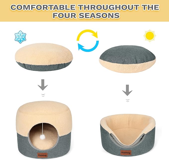 Cat Bed for Indoor Cats, 2-in-1 Convertible Cat Cave & Lounge Bed with Reversible Plush Cushion, Foldable Anti-Slip Cat House - Calming Cozy Hideaway for Kittens&Small Cats with Anxiety Relief, 15.7in