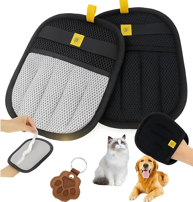 Pet Hair Removal Gloves (Grey/Black, 2 Pc) – Reusable 5-Finger Electrostatic Fur Remover for Cats & Dogs – Washable Short Hair Dog Shedding Gloves for Car Seats & Blankets