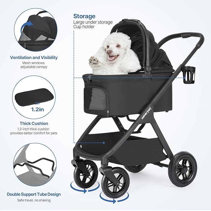 X-5 Luxury Pet Stroller for Medium Dog Under 55lbs or 2 Small Dogs & Cats, One-Touch Folding, Adjustable Handle and Detachable Carrier (Inflatable-Wheels Black)