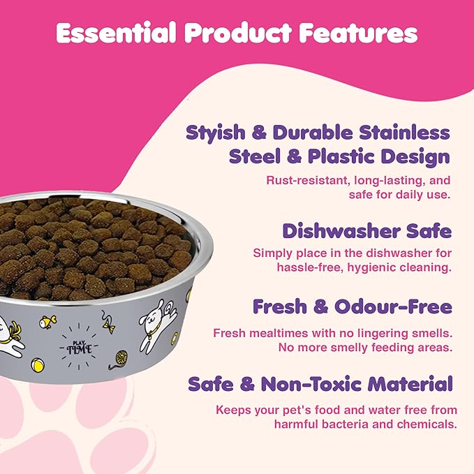 Stainless Steel Dog Bowls | Cat Bowls (Set of 1) - Anti Skid Dog Water Bowl | Cat Water Bowl - Dishwasher Safe - 25oz / 750ml – 15.4 cm (Rhino Gray Playtime Print)