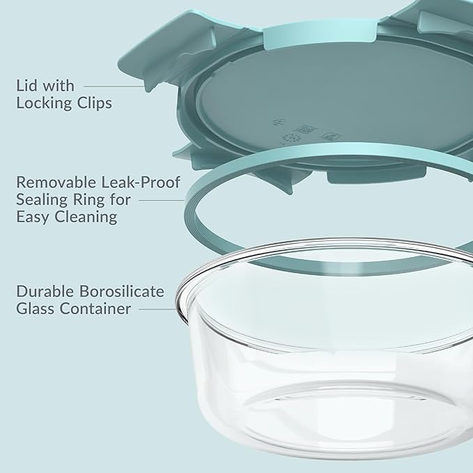 Bentgo Glass Leak-Proof Food Storage Set - 6-Piece Glass Containers with BPA-Free Airtight Lids, Reusable & Durable for Leftovers & Meal Prep - Microwave, Freezer, Oven & Dishwasher Safe (Soft Aqua)