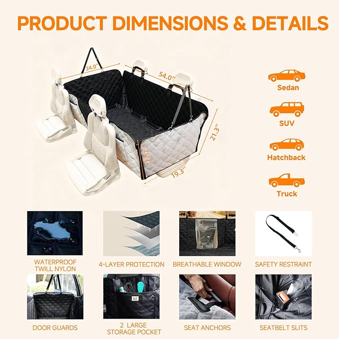 PETTALK Dual-Sided/Reversible Suitable for All Seasons Pet Car Seat Cover, Upgrade Waterproof Dog Seat Hammock/Bench/Cargo Liner, Heavy Duty, Scratch-Proof, Fits Most Vehicle,Eco-Friendly