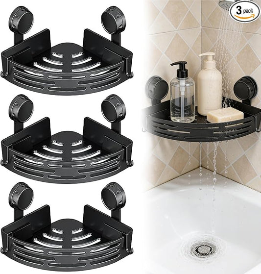 2026 New Triangle Suction Cup Corner Shower Shelf - No Drilling Bathroom Storage Rack with Towel Bar, Adhesive Organizer for Corners, Black, 3-Layer Design