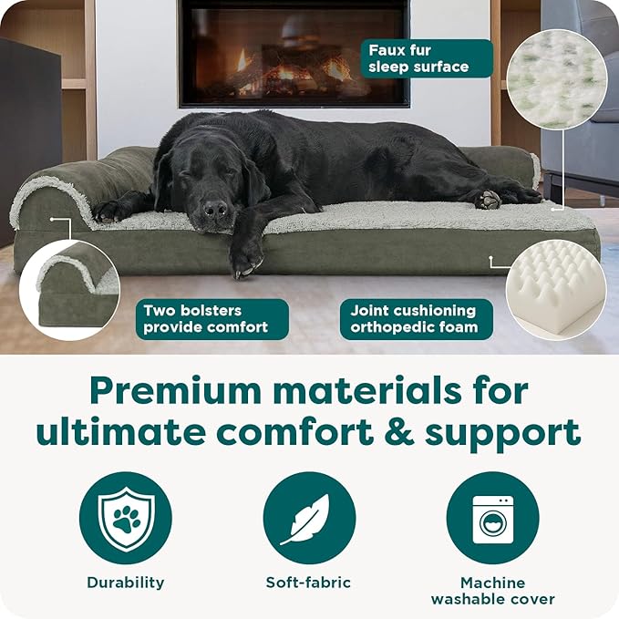 FurHaven Orthopedic Dog Bed for X-Large Dogs, L-Shaped Chaise Contour Mattress with Egg Crate Orthopedic Memory Foam for Joint Support, Removable Washable Cover, Jumbo/XL, Faux Fur & Suede, Dark Sage
