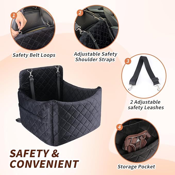 Dog Car Seat for S/M Dogs, Memory Foam Dog Booster Car Seat Up to 35lbs, Detachable Washable Pet Travel Bed with Side Pockets and 2 Safety Belts, Easy to Install (Black)