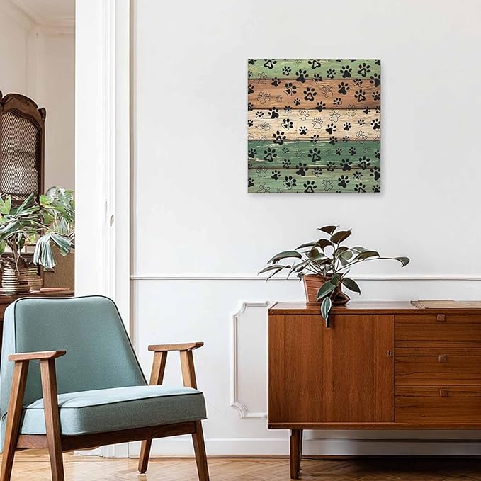 Framed Canvas Wall Art for Living Room Dog Paw Print Wall Decor, Retro Green Brown Wood Grain Aesthetic Paintings for Bedroom Office Kitchen Bathroom, Ready to Hang Artwork Wall Pictures 20x20 Inch
