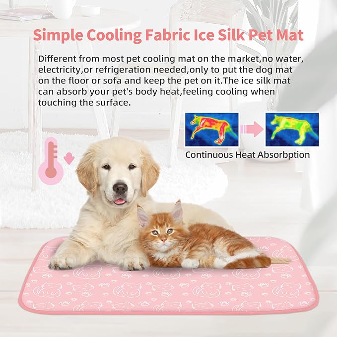 NWK Pet Cooling Mat -Q-Max>0.345 Ice Silk Cooling Mat for Dogs & Cats Portable & Washable Pet Cooling Blanket, Car Seats, Beds for Summer (Pink Cat, 27'' X 20'' X 0.3'')