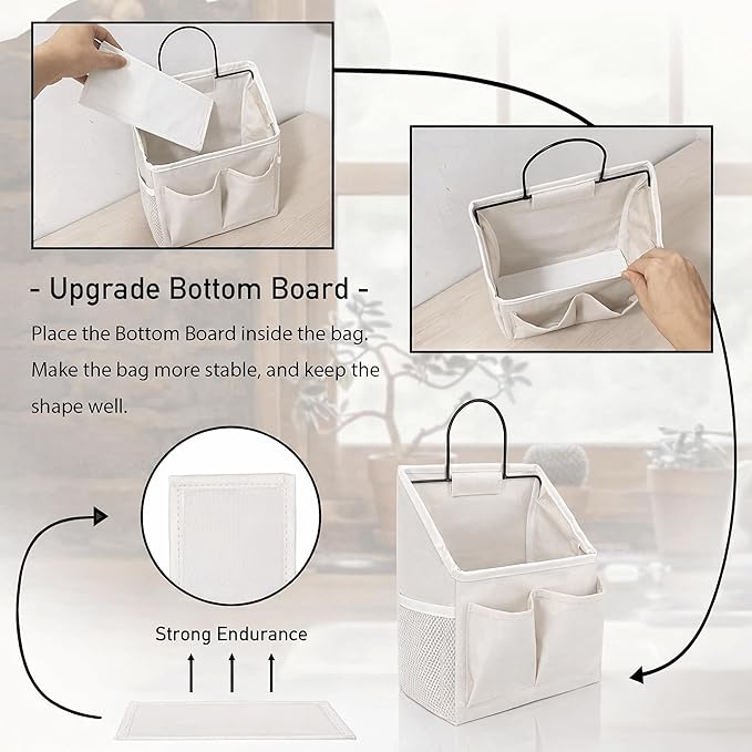 3pcs Wall Hanging Organizer Bag, Linen Fabric Door Hanging Storage Basket with Pockets, Waterproof Bin for Kitchen, Bedroom, Office, RV Camper (White-Upgraded)