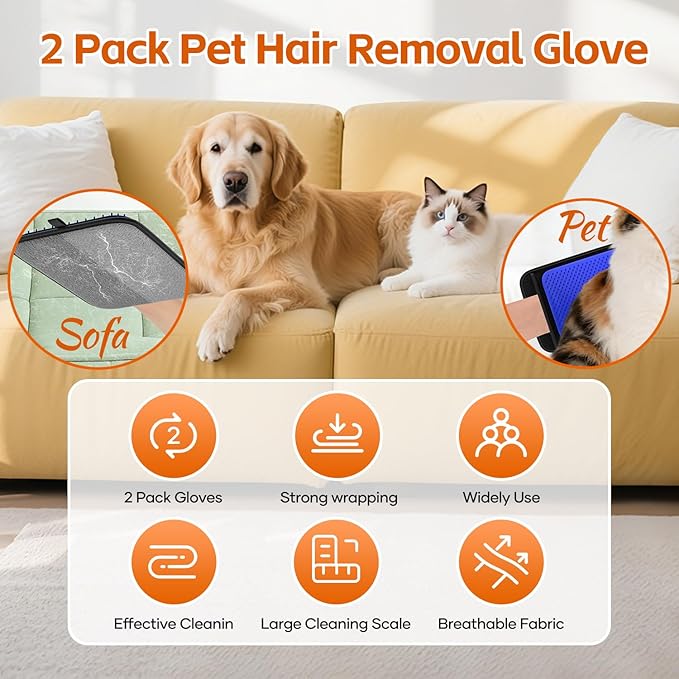 2 Pack Pet Hair Removal Glove, Pet Hair Remover Tool with 496 Silicone Tips, Gentle Shedding Brushes for Dogs & Cats, Efficient Pet Hair Gloves for Couch Carpet Clothing