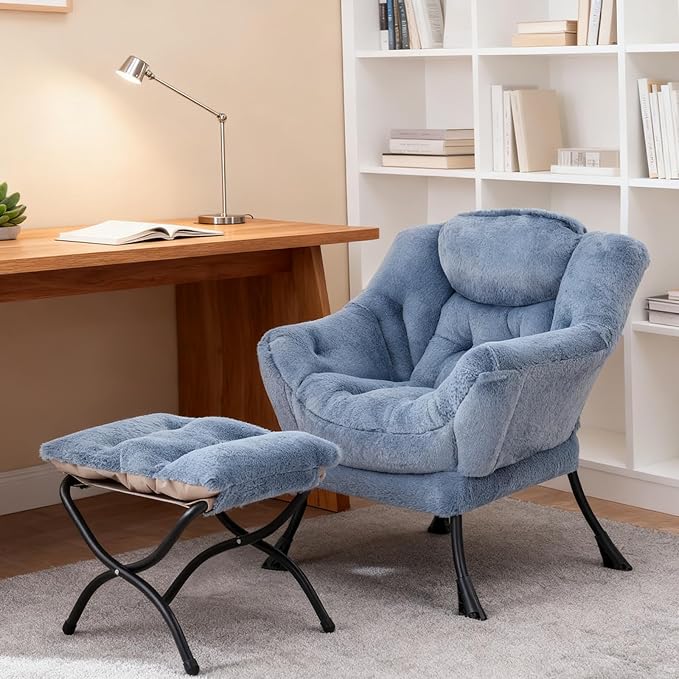Welnow Lazy Chair with Ottoman, Modern Lounge Accent Chair with Armrests and a Side Pocket, Leisure Sofa Armchair Set, Reading Armchair with Footrest for Small Space, Plush Light Blue