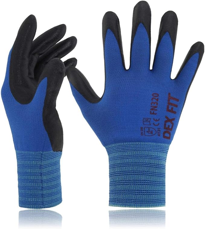 DEX FIT Nylon Work Gloves FN320, 3D Comfort Fit, Power Grip, Lightweight & Breathable, Touchscreen, Gardening, Yard Work, Warehouse, Delivery Driver Gloves; Blue 10 (XL)