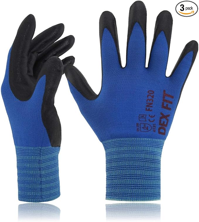 DEX FIT Premium Nylon Nitrile Work Gloves FN320, 3 Pairs, 3D-Comfort Stretchy Fit, Firm Grip, Thin & Lightweight, Durable, Breathable & Cool, Machine Washable; Blue 10 (XL)