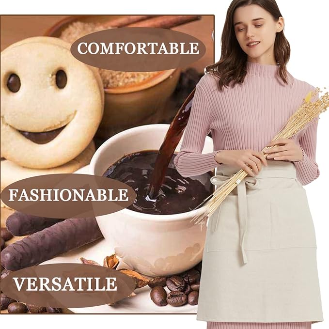 Cityelf Linen Server Apron Cotton Bistro Half Apron with Large Pockets Waist Kitchen Apron for Cooking Waitress