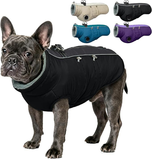 IDOMIK Warm Dog Coat with Harness, Waterproof Reflective Dog Jackets for Small Medium Large Dogs, Fleece High Collar Winter Jacket with Zipper, Pet Winter Snowsuit Clothes for Cold Weather,Black M