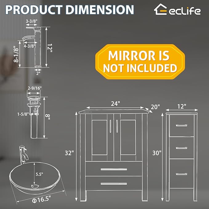 eclife 36" Modern Bathroom Vanity Sink Combo Freestanding Cabinet with Small Side Cabinet, Brown Round Glass Vessel Sink, Water Save Faucet, Drain (Black+A09)