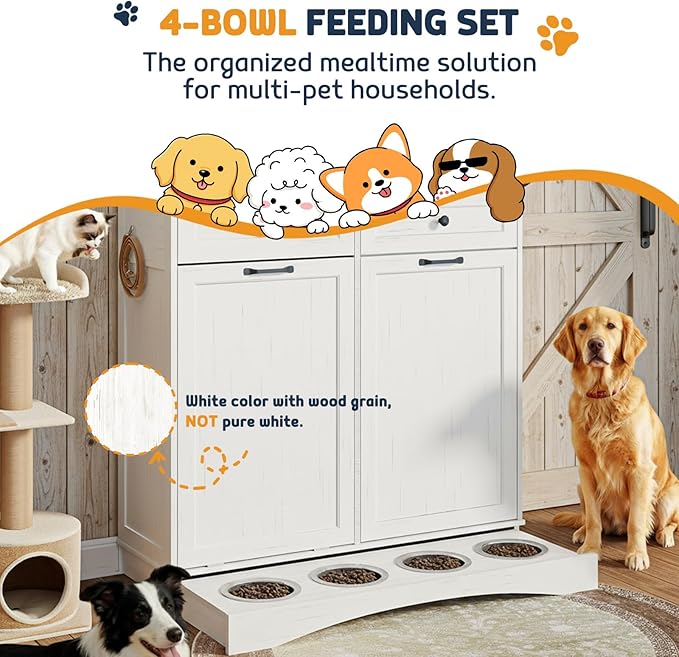 Double Tilt Out Trash Can Cabinet with Dog Bowl, 2 * 13 Gallons Dog Food Storage Cabinet, Hidden Trash Can Cabinet with Hideaway Drawer for Kitchen, Living Room (White, Double Door)
