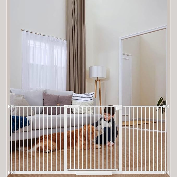 WAOWAO 1.37" Ultra Narrow Spacing Extra Wide Dog Pet Gate 69.48-77.36" Pressure Mounted Walk Through Double Lock Swing Auto Close Safety White Metal Toddler Baby Puppy Pet for Indoor,Doorway,Kitchen