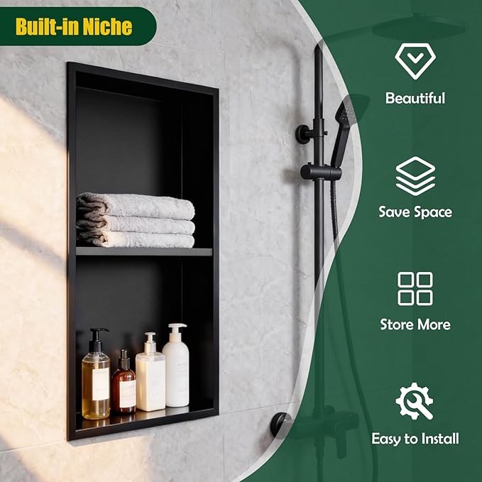 EasyVibe Matte Black 304 Stainless Steel Shower Niche 24 x 12 Inch, No Tile Needed Double Shelf Recessed Shower Wall Insert, Waterproof Bathroom Organizer for Toiletries & Storage